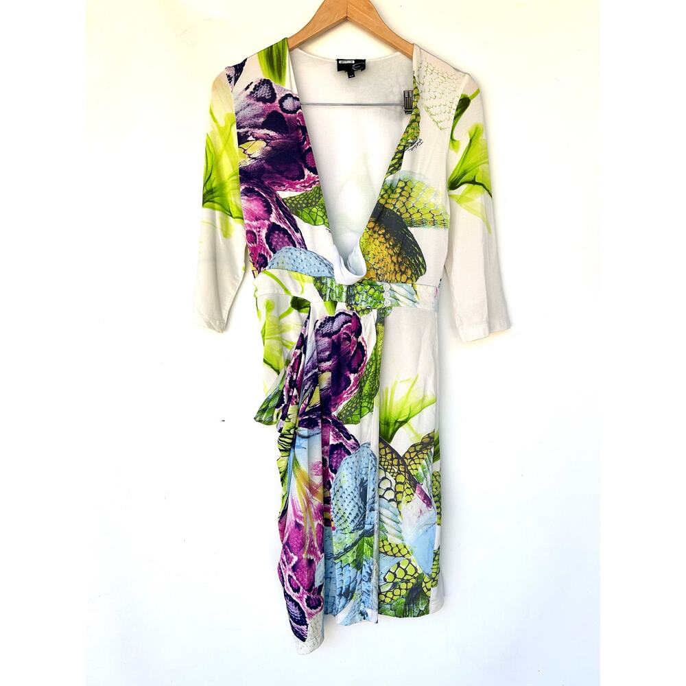 Vintage Roberto Cavalli Y2K Tropical Midi Cocktail Dress Vacation 42 V-Neck US 6 - Picture 2 of 11